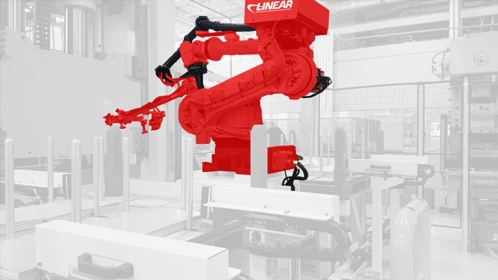 An image of a red Linear Automation robot on a white background stacking blanks.